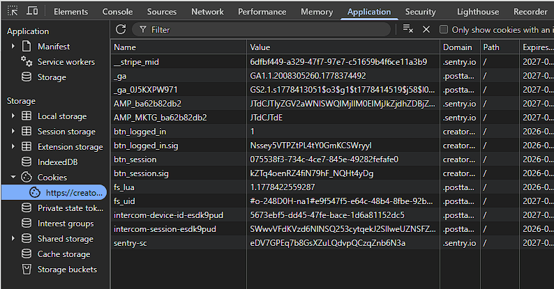 Section Application → Cookies dans les outils de développement
