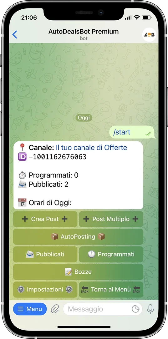Menu di AutoDealsBot su Telegram